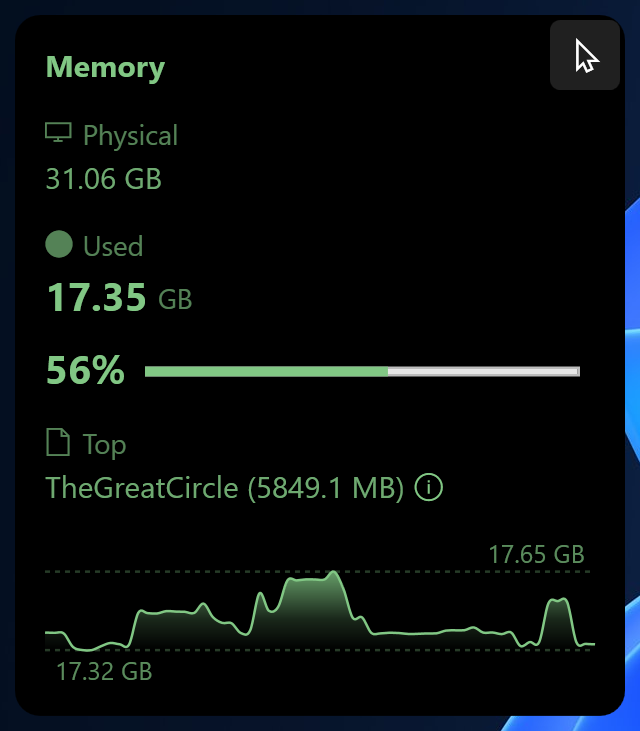 pcGauge memory widget showing RAM usage and top memory process on Windows