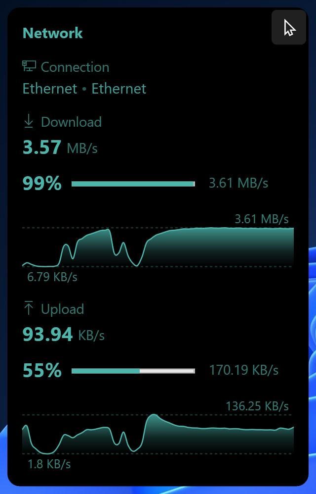 pcGauge network widget showing real-time download and upload speed on Windows