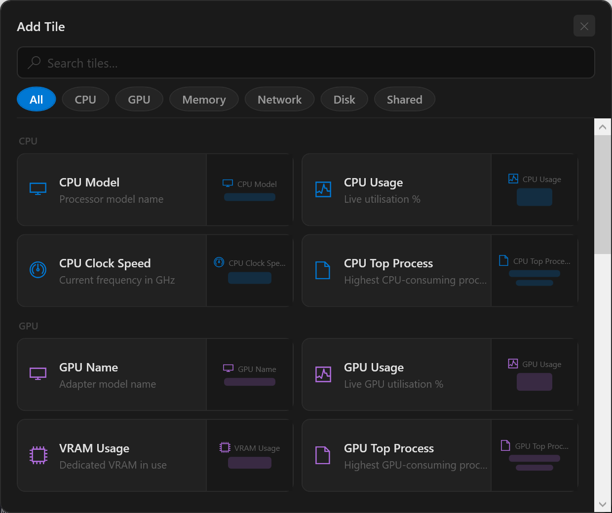 pcGauge tile catalog showing all available metric tiles grouped by category