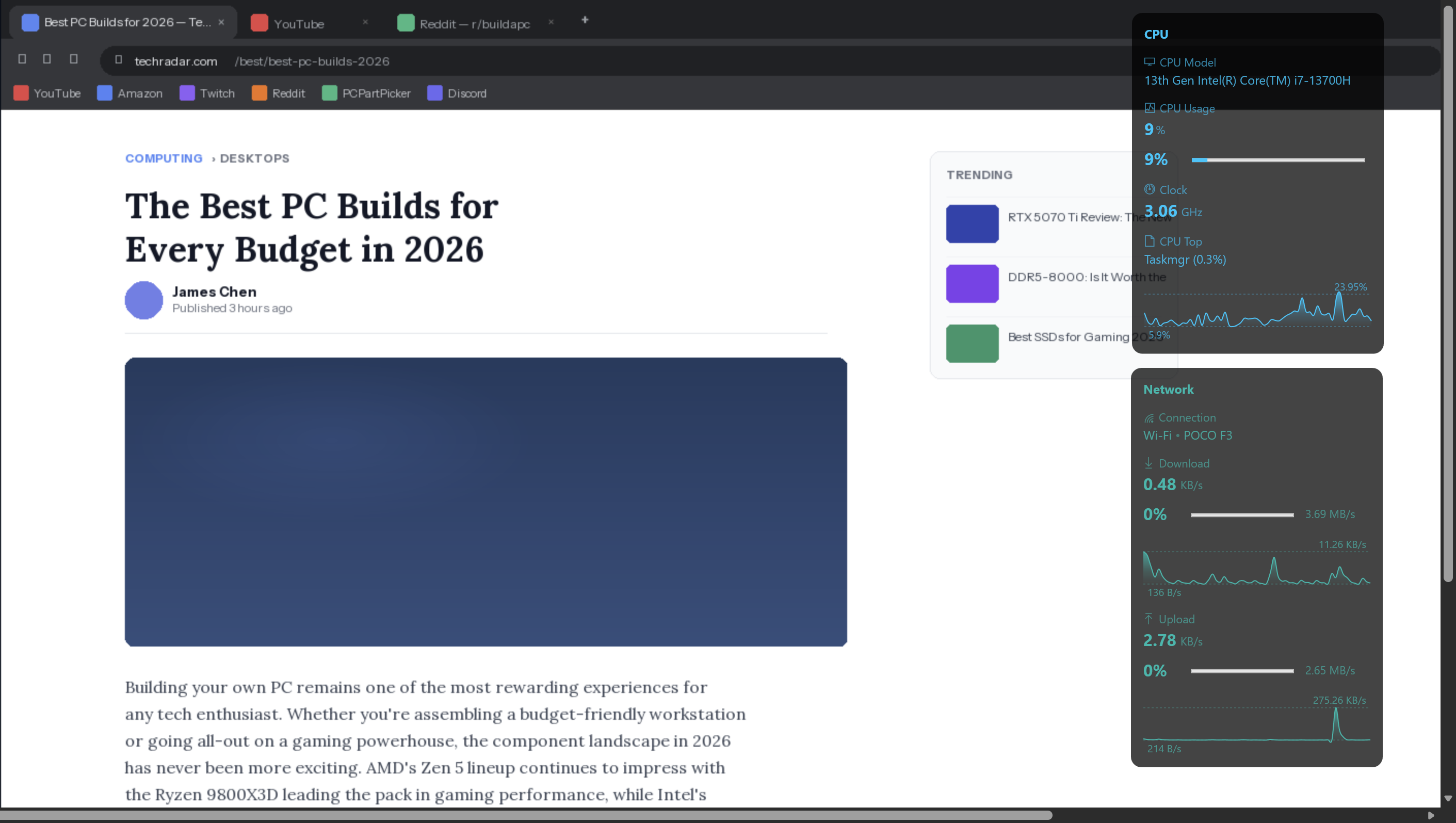 pcGauge CPU and memory widgets floating over a Chrome browser on a Windows 11 desktop